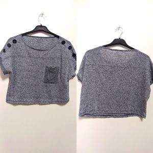 Cropped Tee with Striped Sleeve Cuffs and Button Detail Size Small